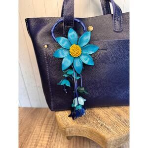 Leather Purse Charm Blue Flower Charm Genuine Leather Daisy Bag Charm NEW!
